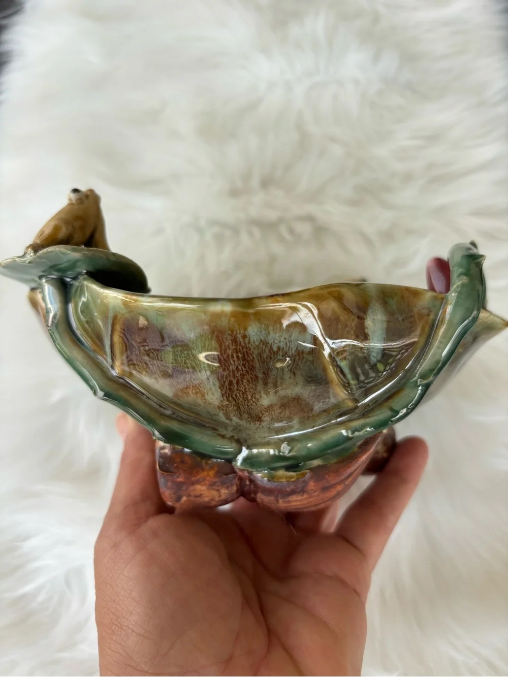 Vintage Majolica Ceramic Frog Accent Serving Bowl in Green and Brown